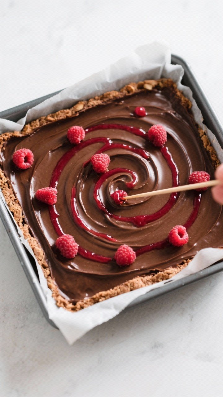 Overhead process shot of the assembled pan just before baking: an 8x8-inch pan lined with parchment,