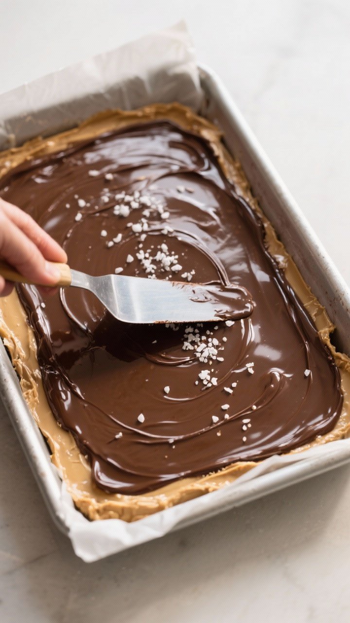 Overhead process shot of the freshly spread chocolate layer being finished in a lined 9x13-inch pan: