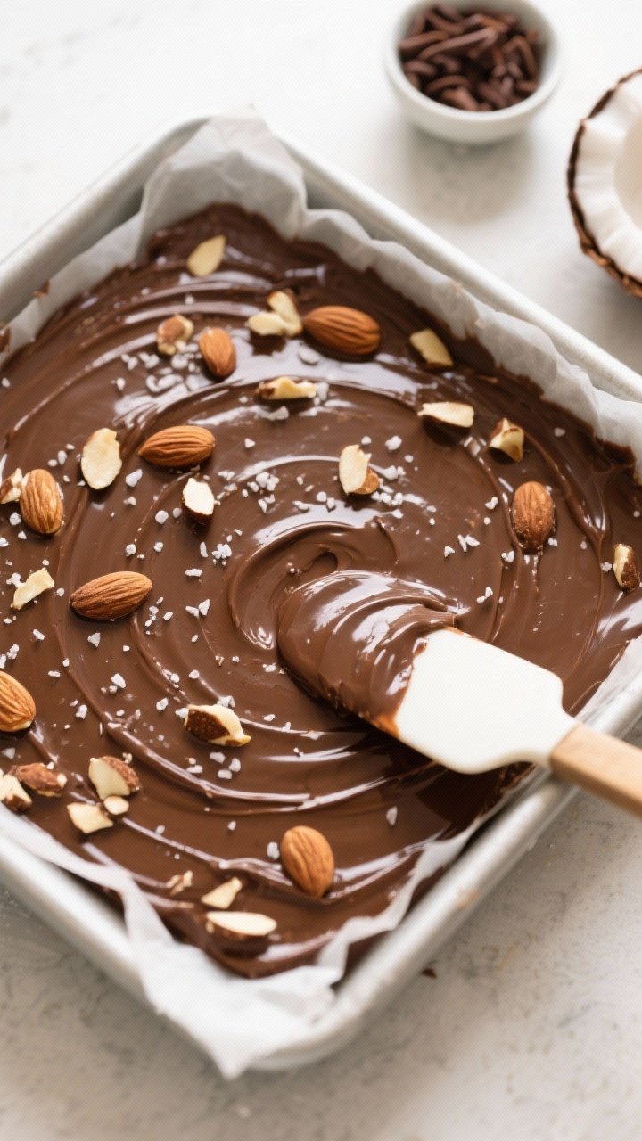 Overhead process shot of the fudge being spread and leveled in an 8x8-inch pan lined with parchment,