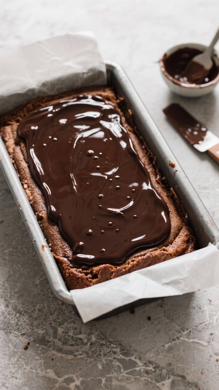 Overhead process shot of the loaf pan just after pouring and leveling the melted dark chocolate topp
