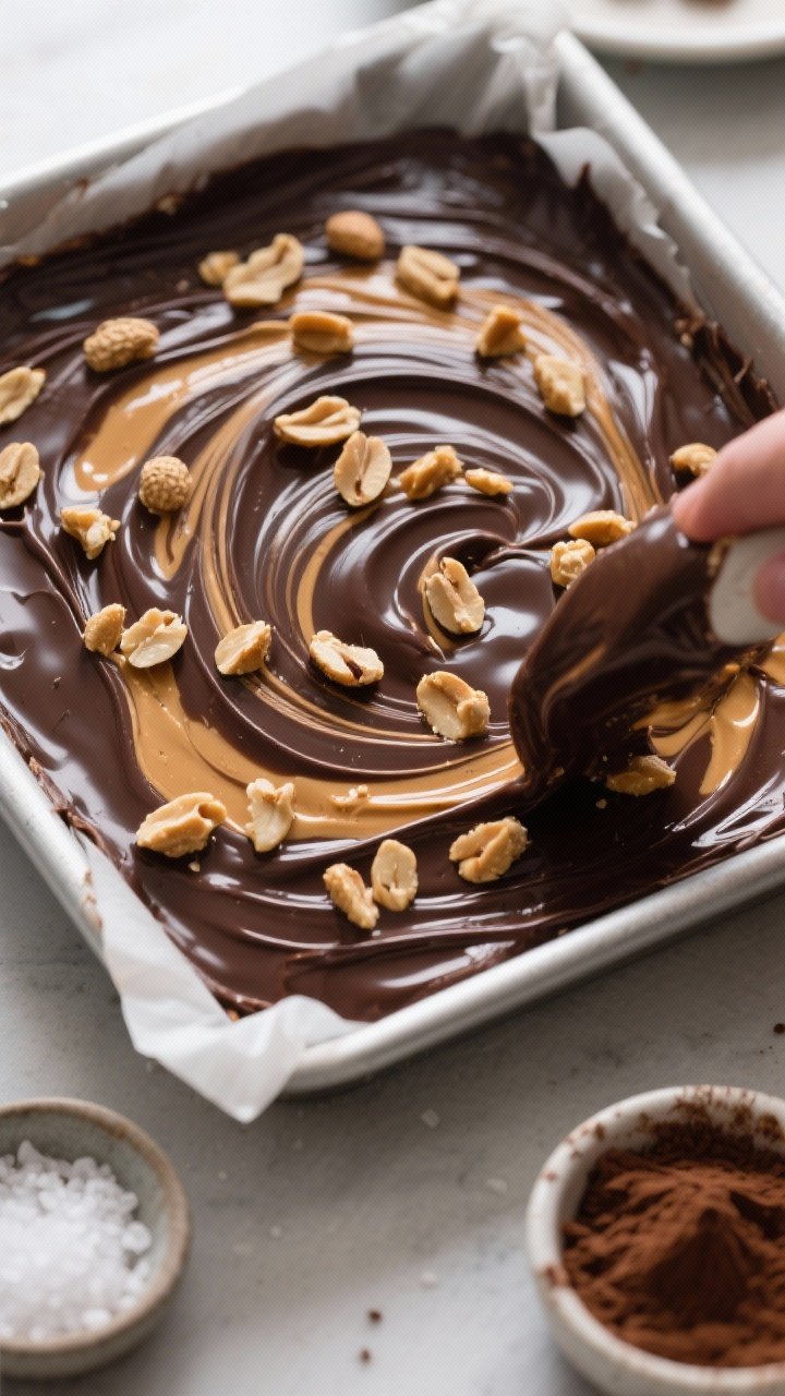 Overhead process shot of the poured fudge layer in a lined 8x8 pan during the swirl step: dark, velv
