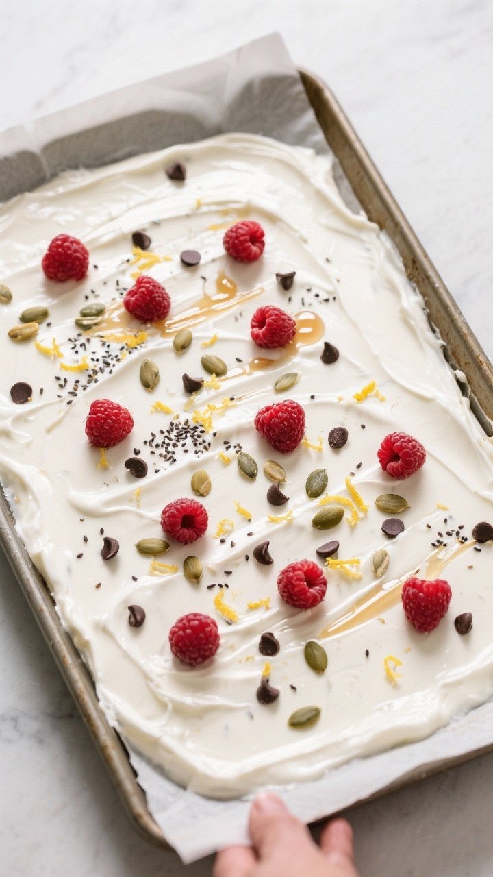 Overhead process shot of the yogurt layer just spread to 1/4-inch thickness on a parchment-lined 9x1