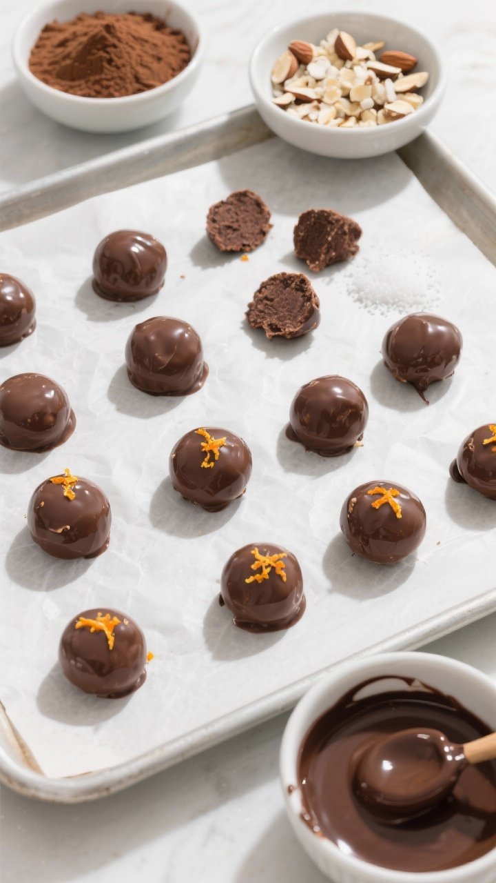 Overhead process shot: Uniform scoops of chilled ganache portioned into 1-inch rounds on a parchment