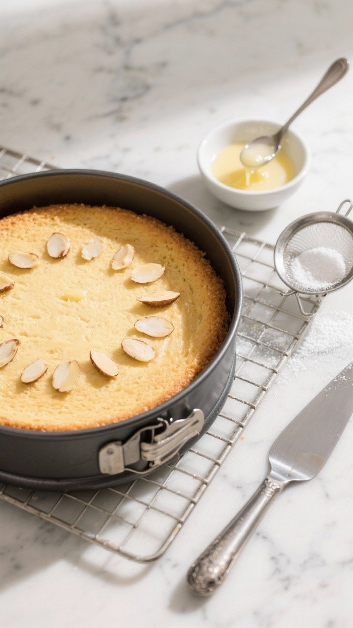 Overhead process-to-finish shot: The baked cake still in the open springform pan on a cooling rack,
