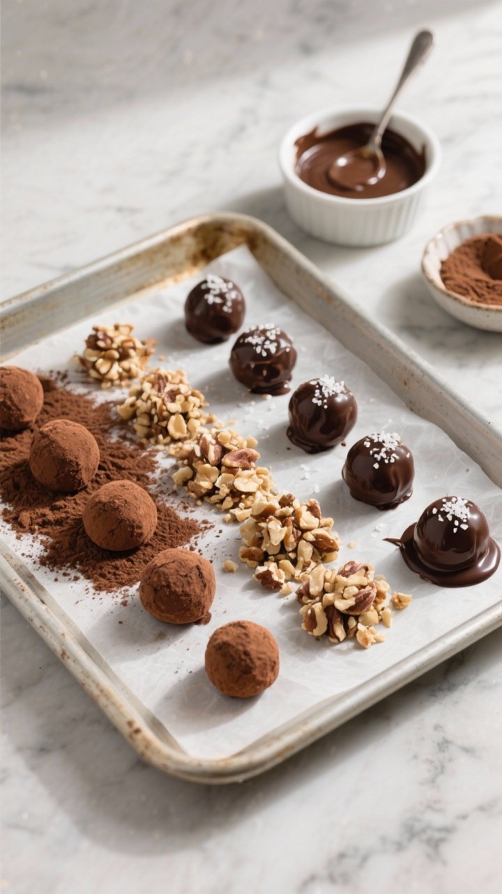 Overhead “process-to-plate” shot: A parchment-lined sheet pan with neatly lined 1-inch truffle b