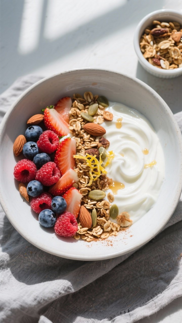 Overhead shot of a finished Greek Yogurt Berry Breakfast Bowl: silky swirls of plain Greek yogurt to