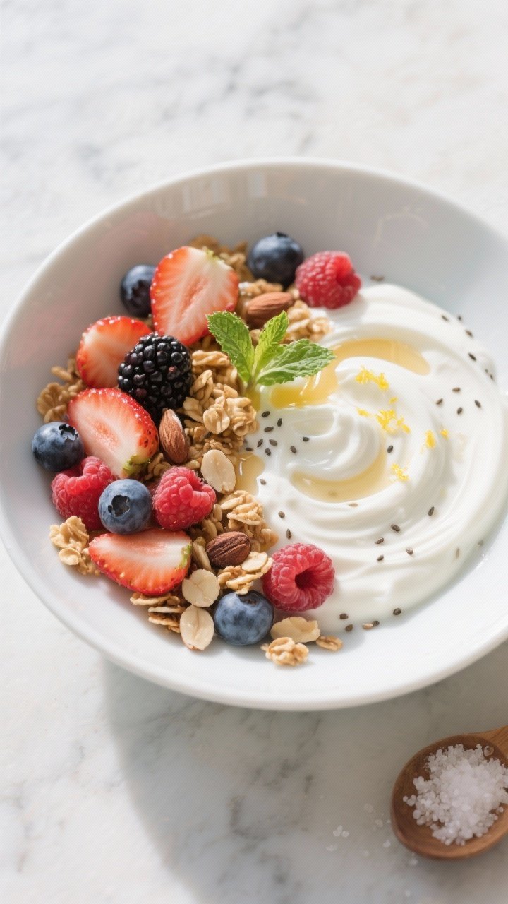 Overhead shot of a finished Greek Yogurt Bowl With Berries: silky swirls of 5% plain Greek yogurt sp