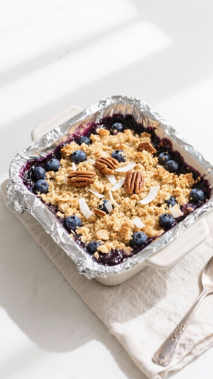 Overhead shot of a freshly baked Keto Blueberry Crumble in an 8x8 ceramic baking dish straight from 