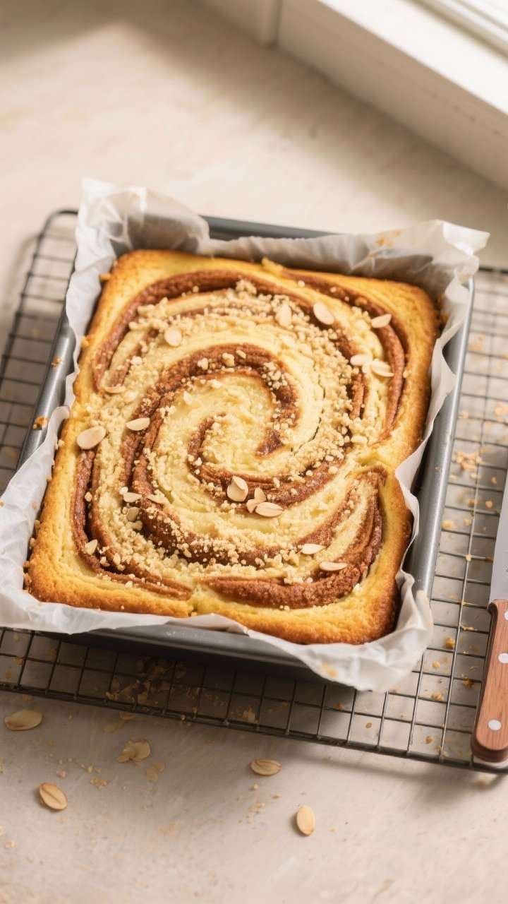 Overhead shot of a freshly baked Keto Cinnamon Swirl Coffee Cake in an 8x8 parchment-lined pan just 