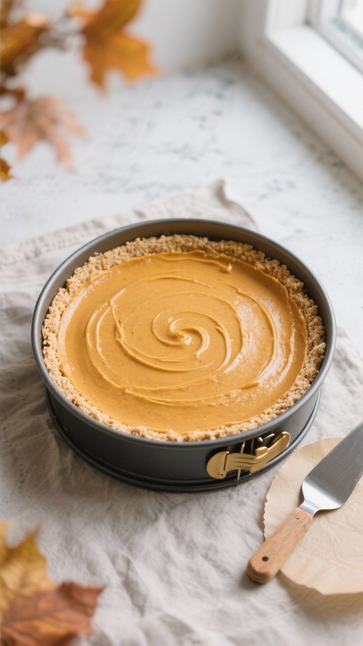 Overhead shot of a freshly baked Keto Pumpkin Spice Cheesecake in a 9-inch springform pan just after