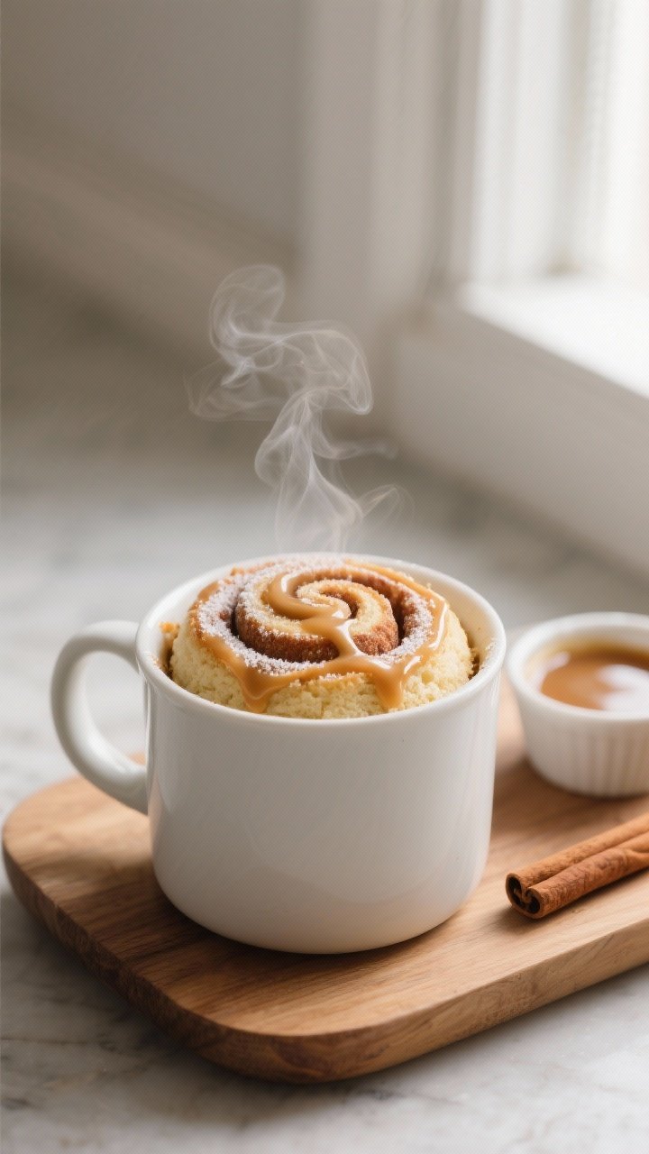 Overhead shot of a freshly microwaved keto cinnamon roll mug cake still in the mug, the cinnamon-but