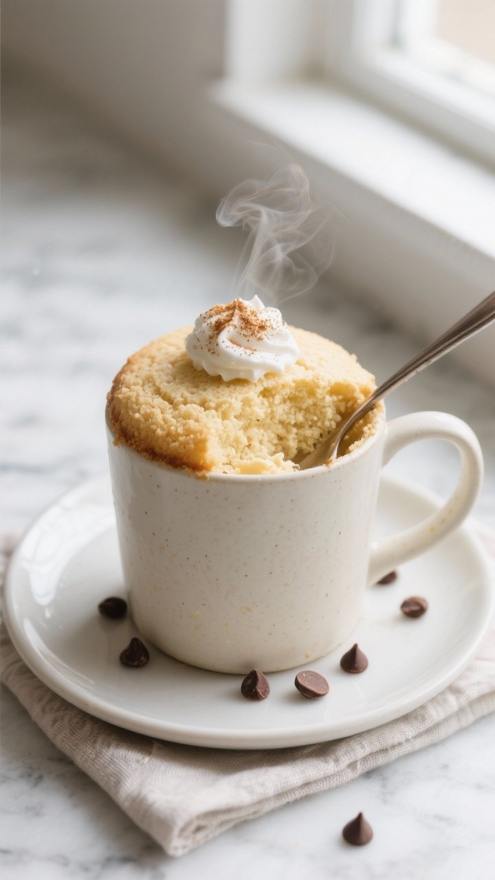 Overhead shot of a freshly microwaved keto vanilla mug cake in a wide, 12-oz ceramic mug, risen tall