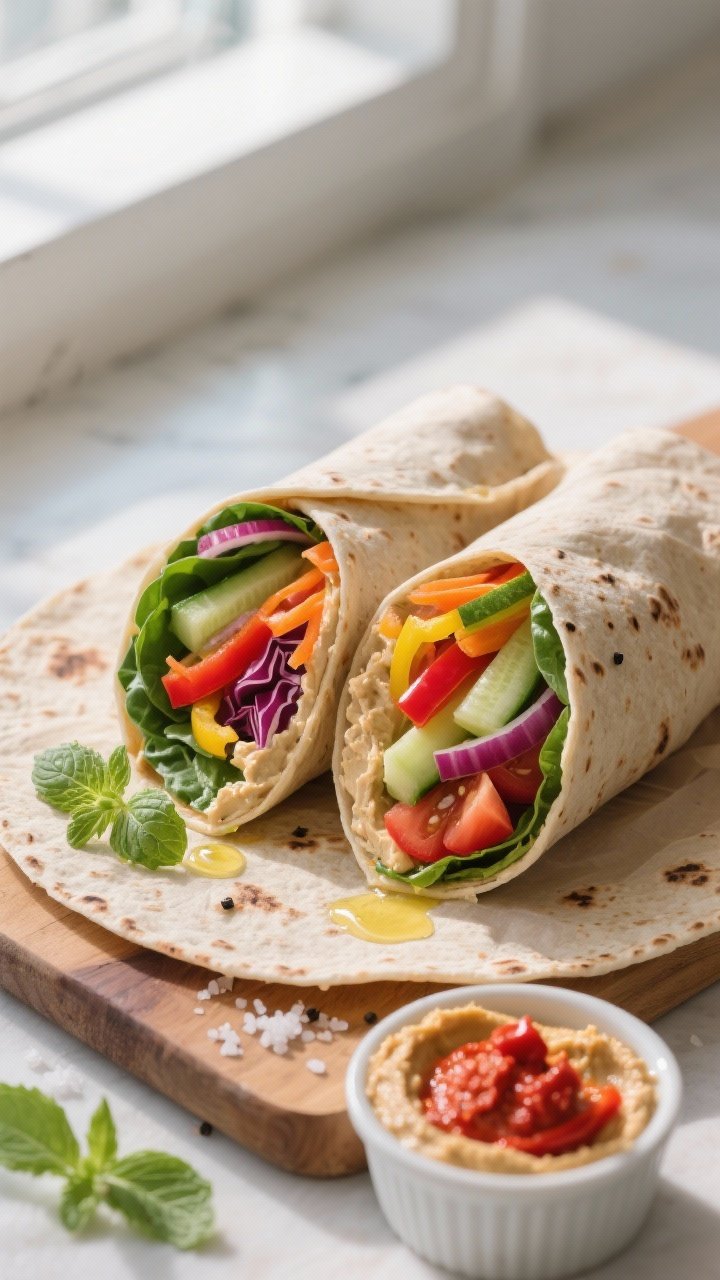 Overhead shot of a freshly rolled Veggie & Hummus Wrap sliced on the diagonal, revealing colorful la