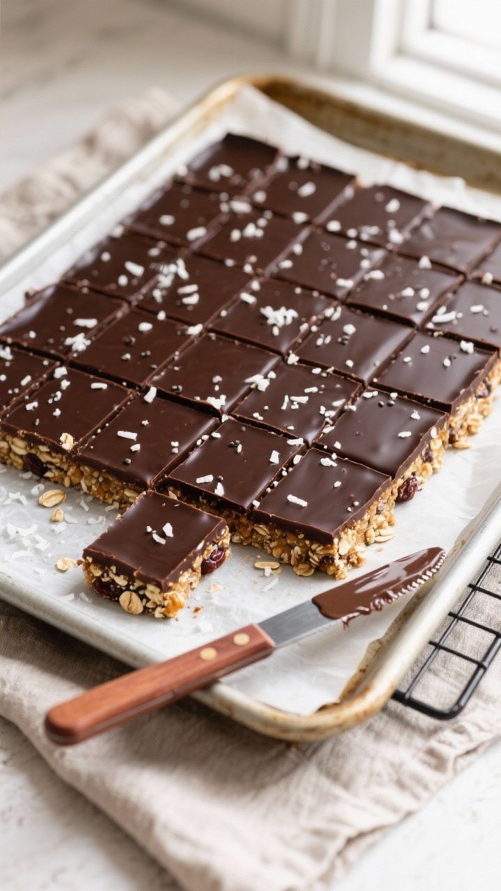 Overhead shot of a freshly set slab of no-bake dark chocolate covered energy squares on parchment li