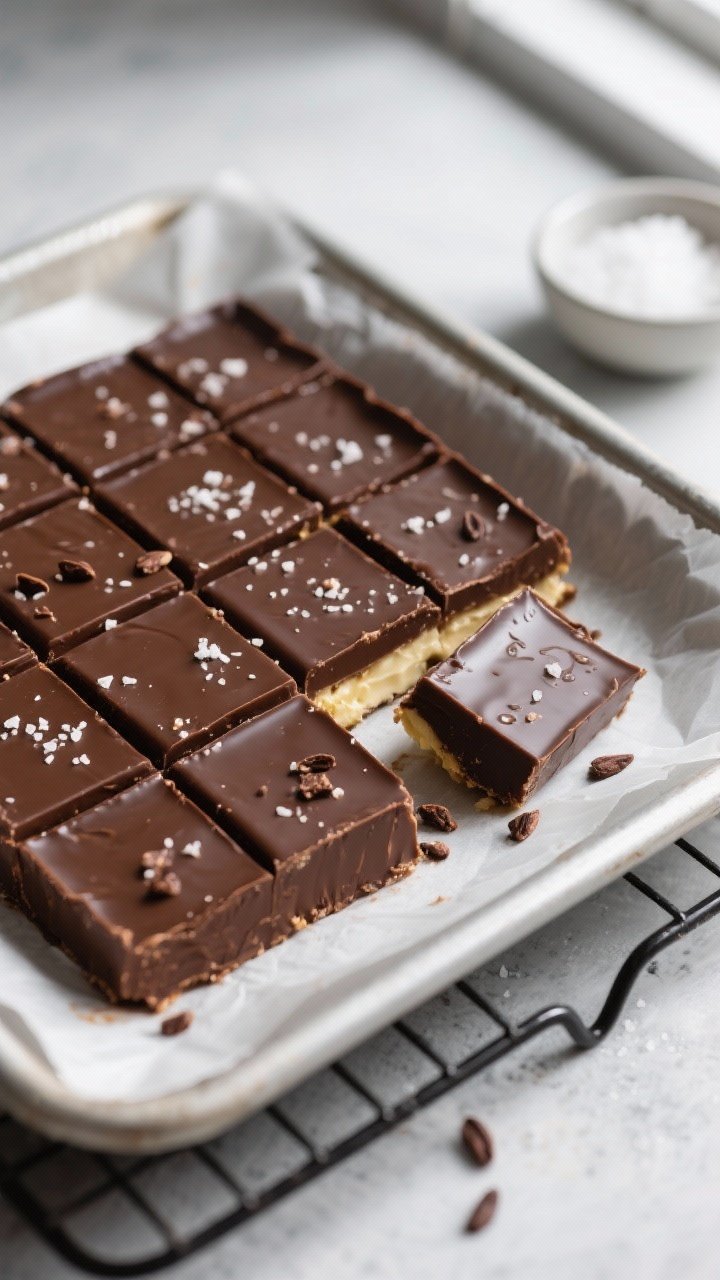 Overhead shot of a freshly sliced slab of no-bake chocolate banana freezer fudge on parchment lifted