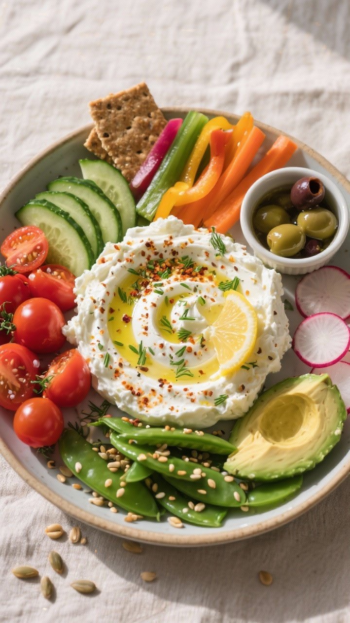Overhead shot of a fully assembled Cottage Cheese & Veggie Plate, restaurant-quality styling: a shal