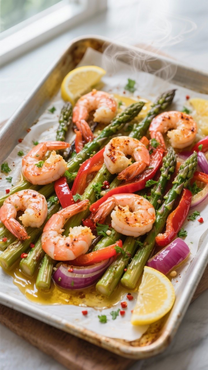 Overhead shot of a hot sheet pan fresh from the oven showing perfectly roasted lemon-garlic shrimp n