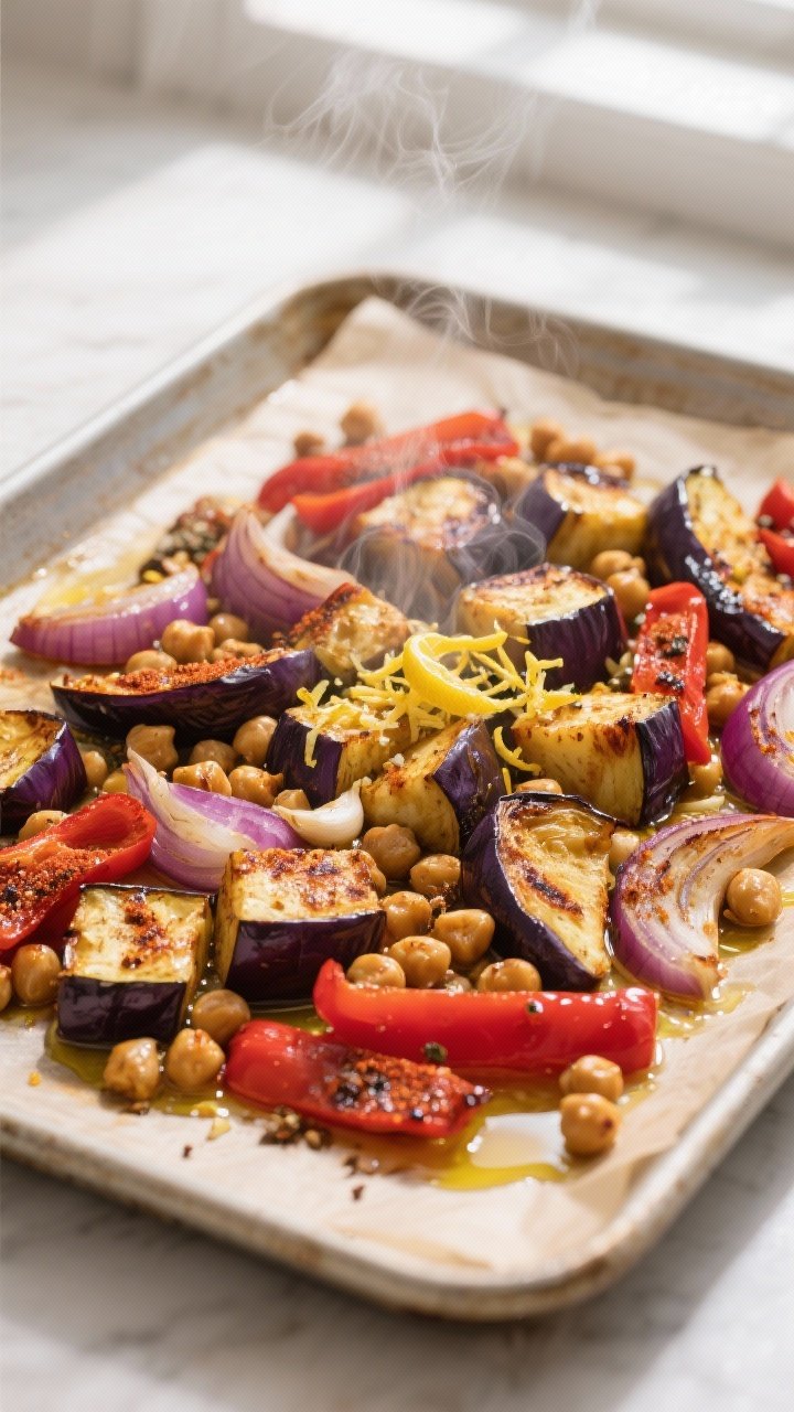 Overhead shot of a just-roasted eggplant and chickpea sheet pan, cooked and caramelized: golden-brow