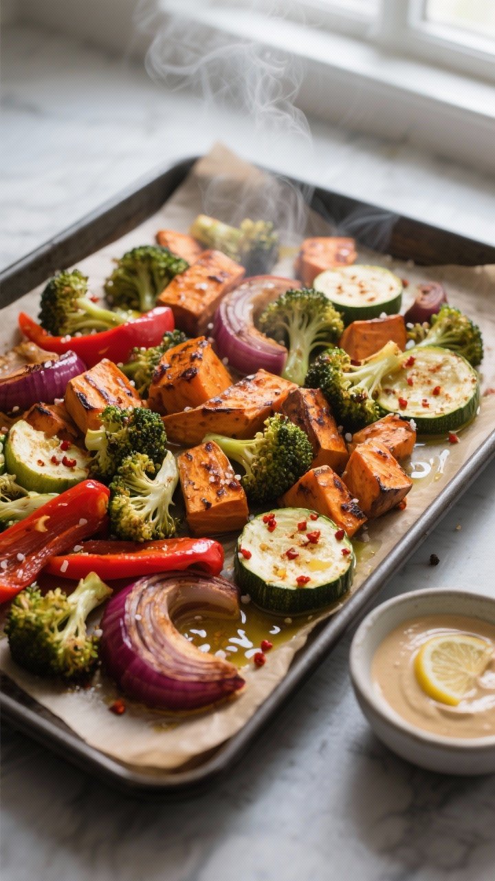 Overhead shot of a just-roasted one-pan veggie spread straight from the oven: caramelized sweet pota