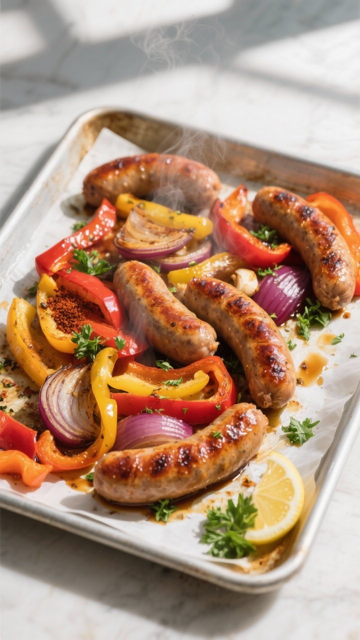 Overhead shot of a just-roasted sheet pan of sausage and peppers at the toss-flip stage: golden-brow