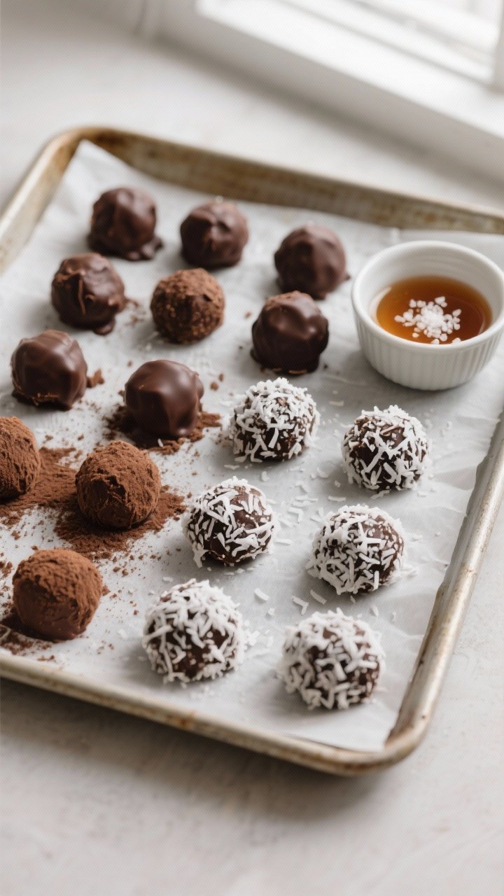Overhead shot of a parchment-lined baking sheet filled with uniformly shaped no-bake chocolate cocon