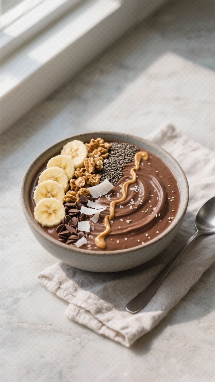 Overhead shot of a thick Chocolate Banana Protein Smoothie Bowl just poured into a matte ceramic bow