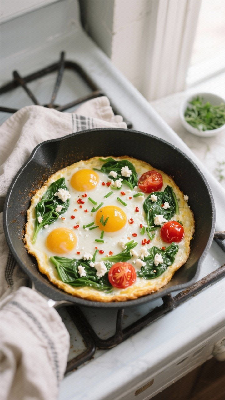 Overhead shot of an egg white frittata just finished in the oven in an 8–10 inch oven-safe nonstic