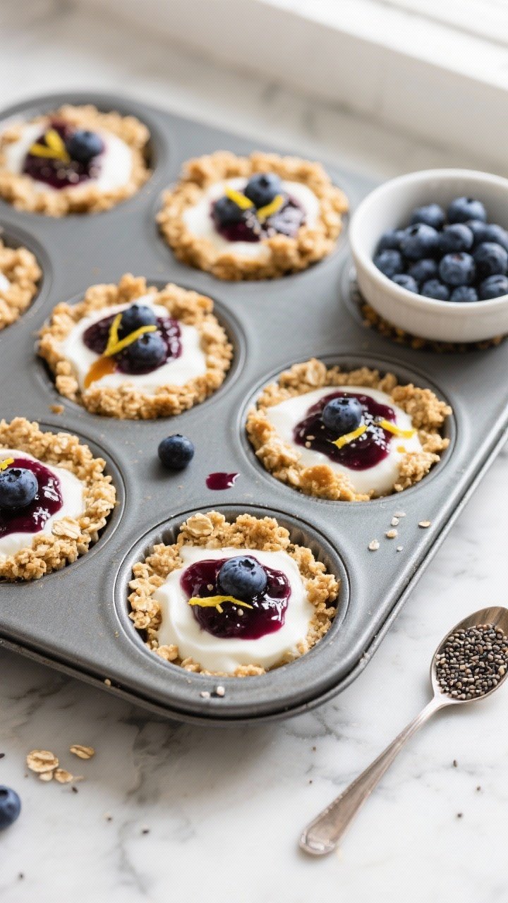 Overhead shot of assembled no-bake blueberry oat crumble cups in a lined muffin tin, fully set and r