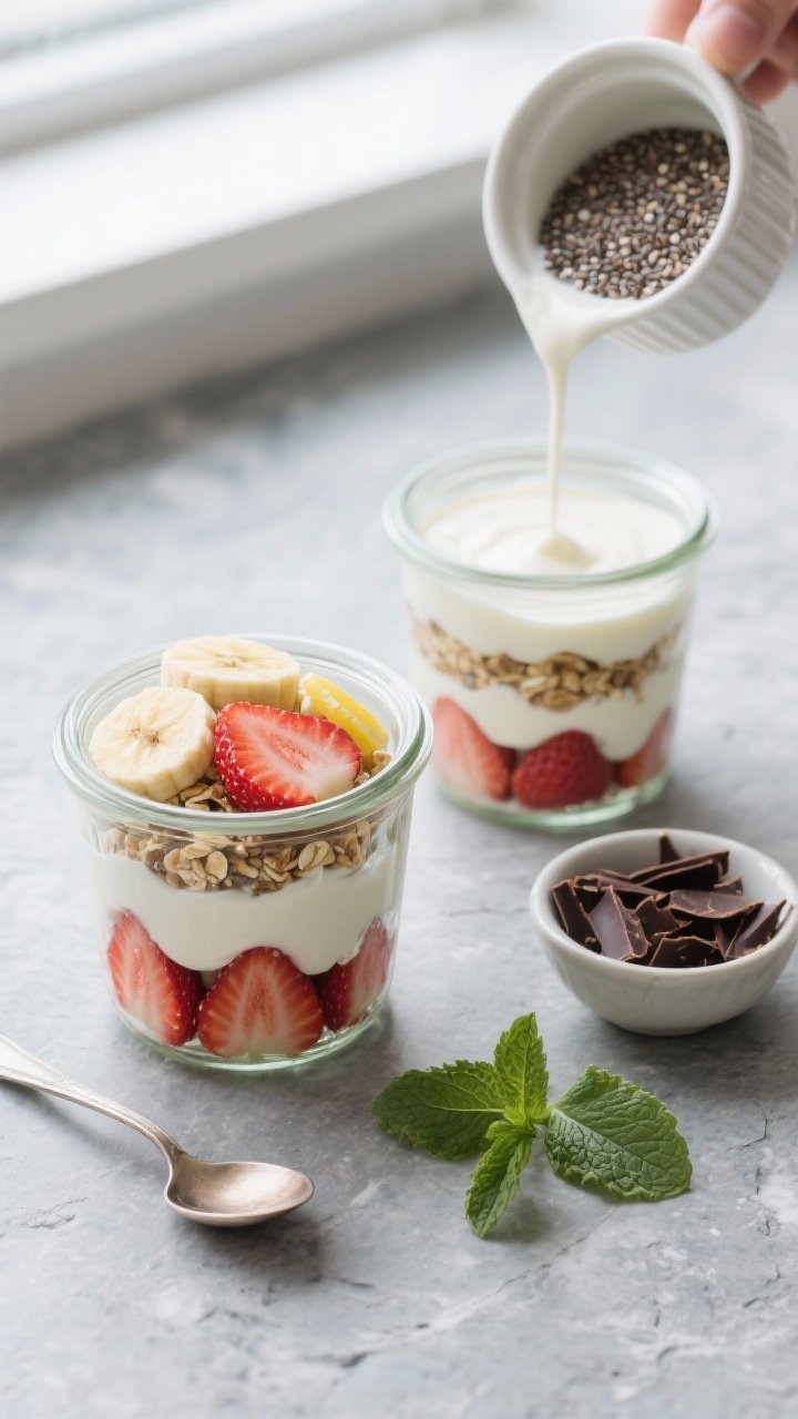 Overhead shot of assembled no-bake strawberry banana yogurt parfaits mid-process: clear glass jars o