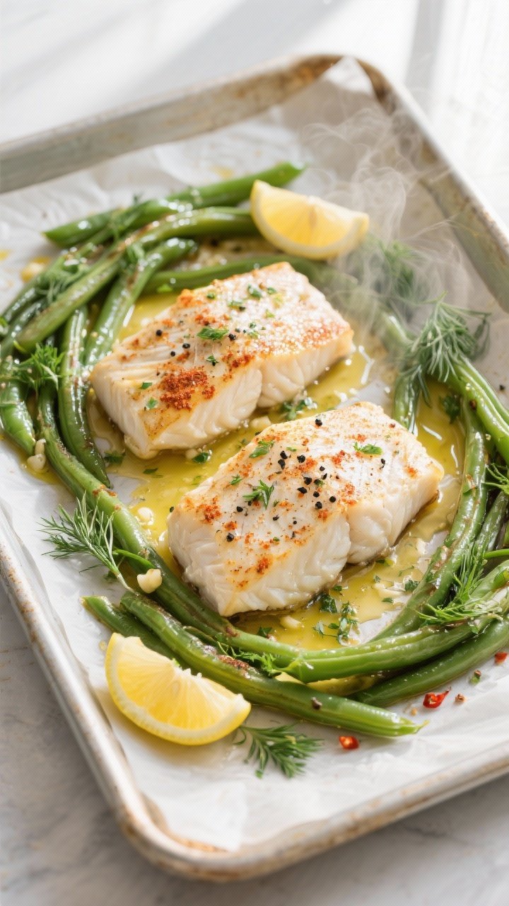 Overhead shot of baked cod fillets on a parchment-lined sheet pan just out of the oven, surrounded b