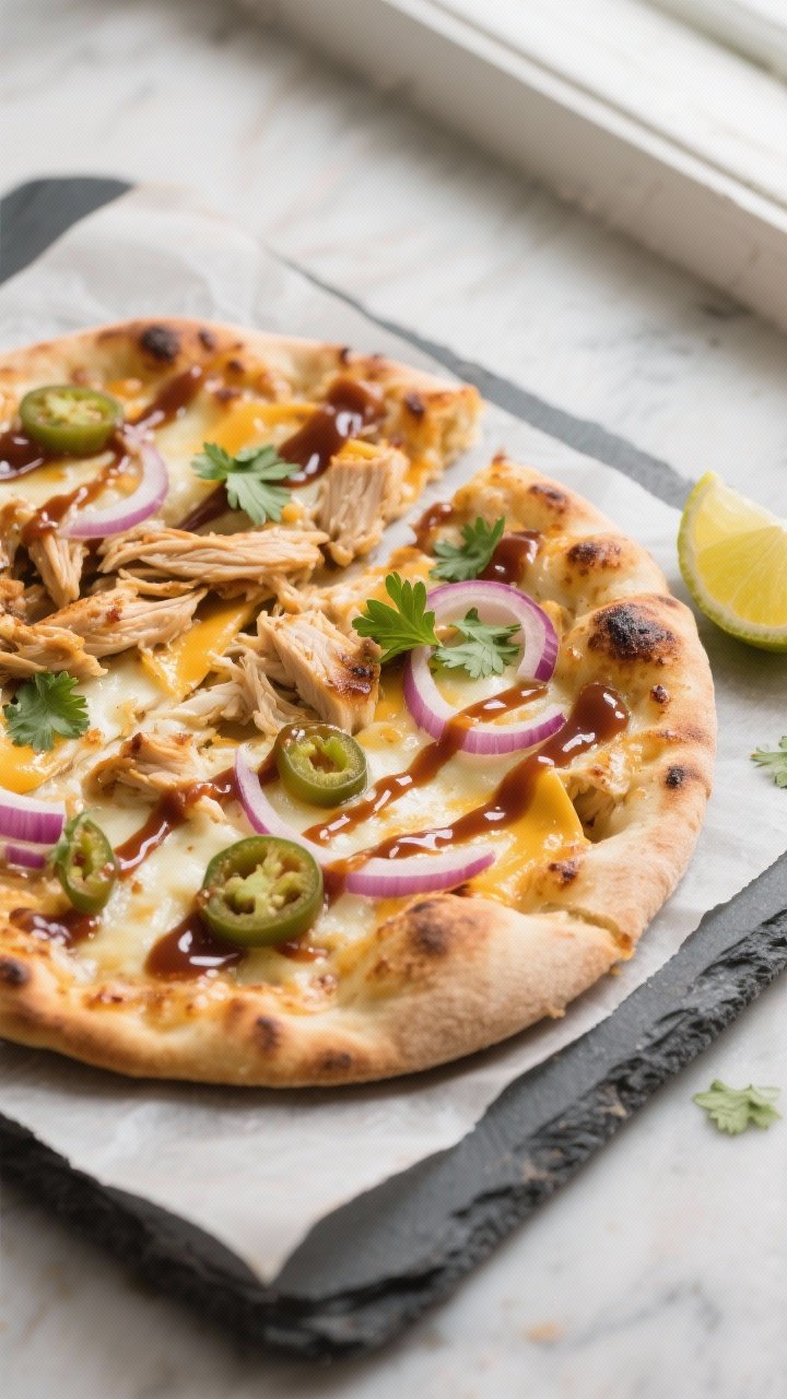 Overhead shot of BBQ Chicken Flatbreads just out of the oven on a preheated baking stone, cheese mel
