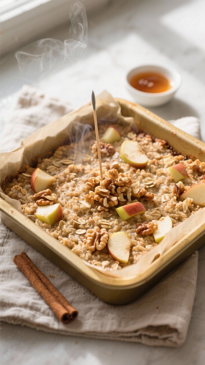 Overhead shot of cinnamon apple baked oatmeal just out of the oven in an 8x8 parchment-lined pan, go