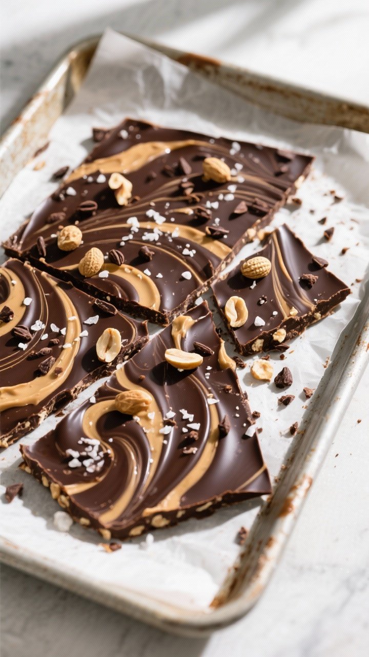 Overhead shot of finished keto dark chocolate peanut butter bark snapped into rustic shards on a par