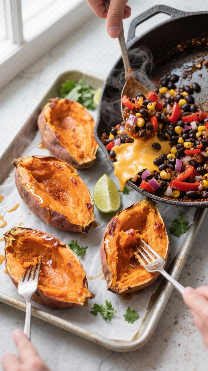 Overhead shot of four oven-baked sweet potatoes just split open on a parchment-lined sheet pan, stea