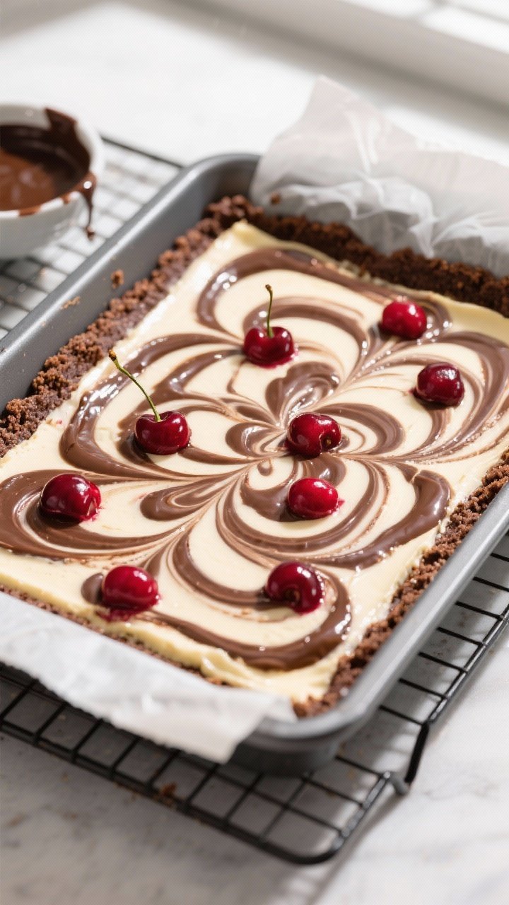 Overhead shot of freshly baked Keto Chocolate Cherry Cheesecake Bars cooling in the pan, edges set w