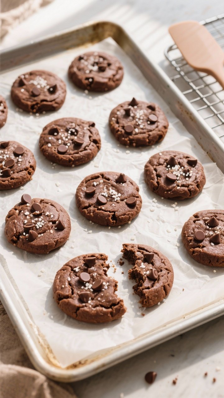 Overhead shot of freshly baked keto chocolate peanut butter cookies cooling on a parchment-lined bak