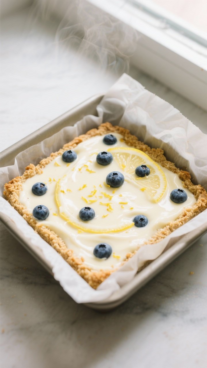 Overhead shot of freshly baked Keto Lemon Blueberry Yogurt Bars cooling in the parchment-lined 8x8 p
