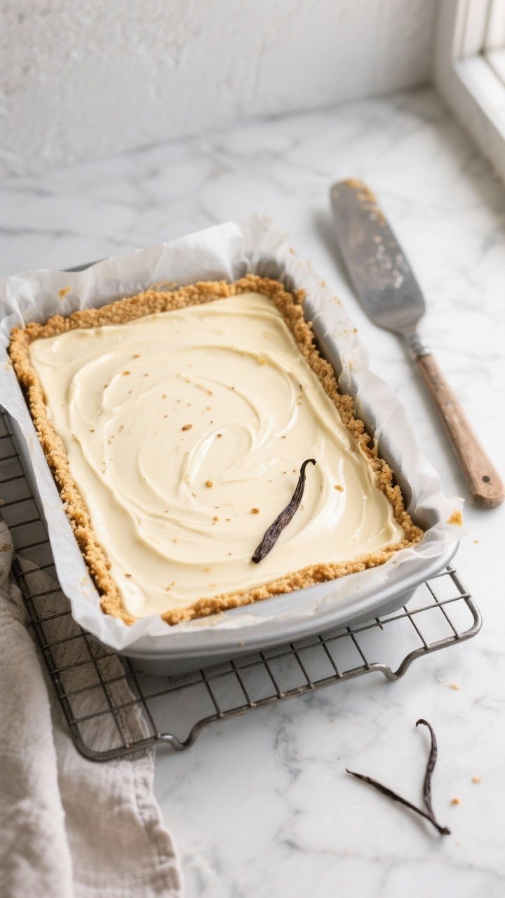 Overhead shot of freshly baked Keto Vanilla Cheesecake Bars cooling in an 8x8 pan, golden almond flo