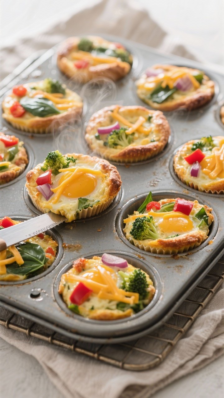 Overhead shot of freshly baked veggie-packed egg muffins resting in a greased 12-cup muffin tin just
