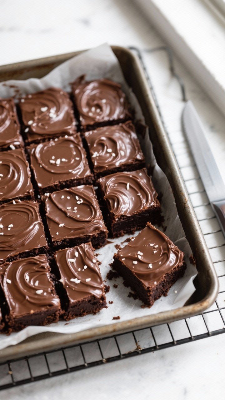 Overhead shot of freshly frosted keto brownies in an 8x8 pan, glossy fudge frosting just set with fa