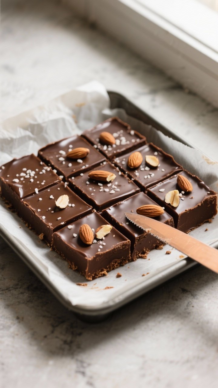 Overhead shot of freshly set no-bake chocolate almond butter fudge just lifted from a parchment-line