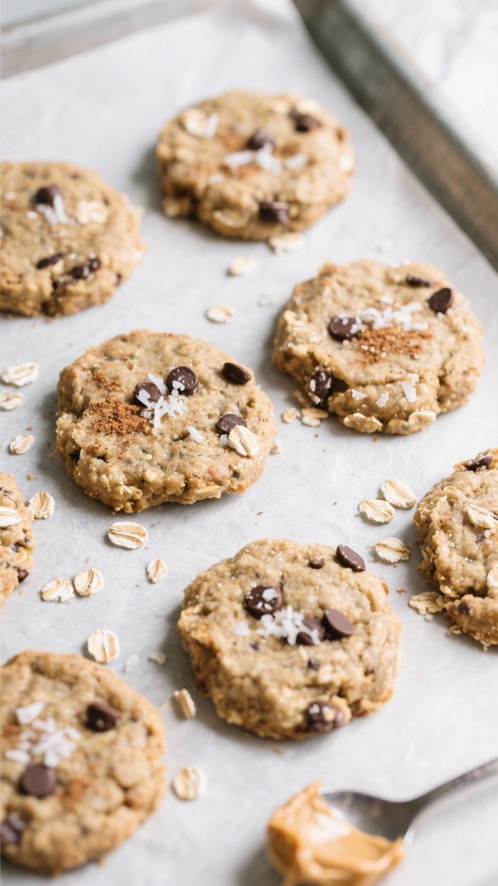 Overhead shot of freshly shaped no-bake banana oat cookies on a parchment-lined sheet, flattened int