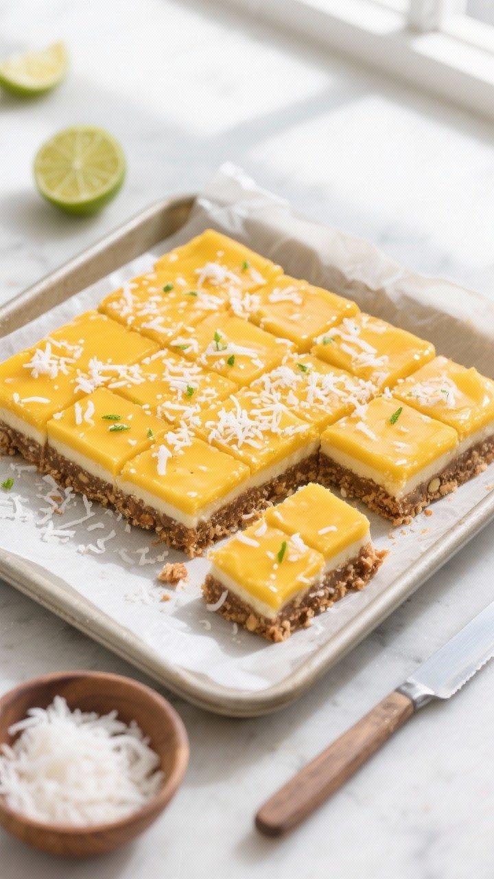 Overhead shot of fully set No-Bake Mango Coconut Bars just lifted from an 8×8 pan with parchment ov