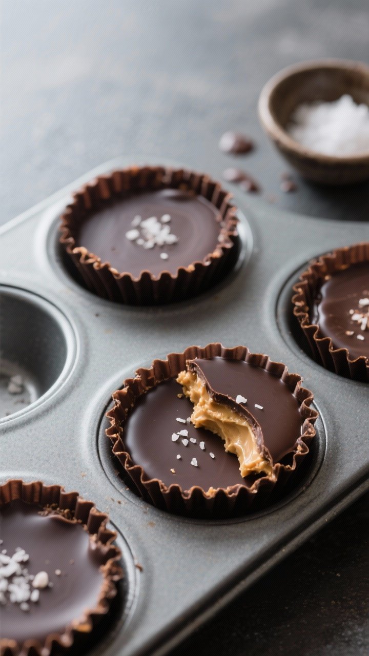 Overhead shot of mini no-bake chocolate peanut butter cups freshly set in a lined mini muffin tin, g