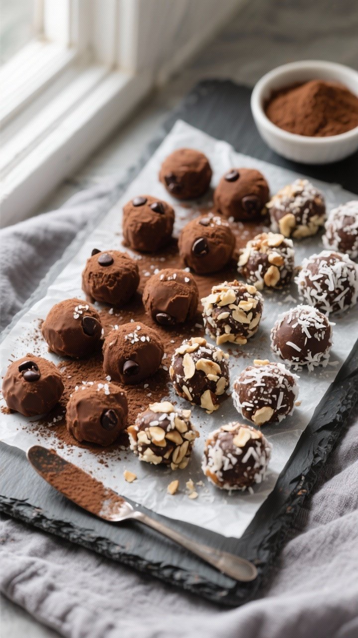 Overhead shot of no-bake protein brownie bites after rolling and coating, arranged in a neat grid on