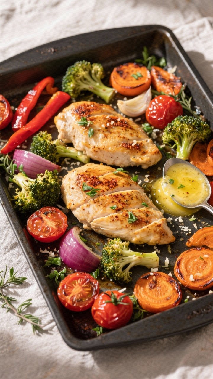 Overhead shot of one-pan garlic butter chicken with veggies just out of the oven: golden seared chic