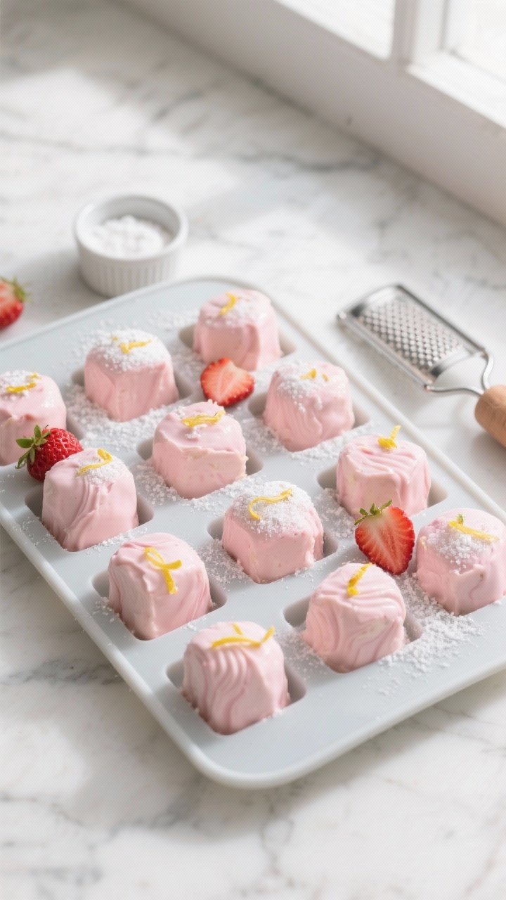 Overhead shot of prepared Keto Strawberry Cream Fat Bombs just unmolded from a silicone tray, arrang