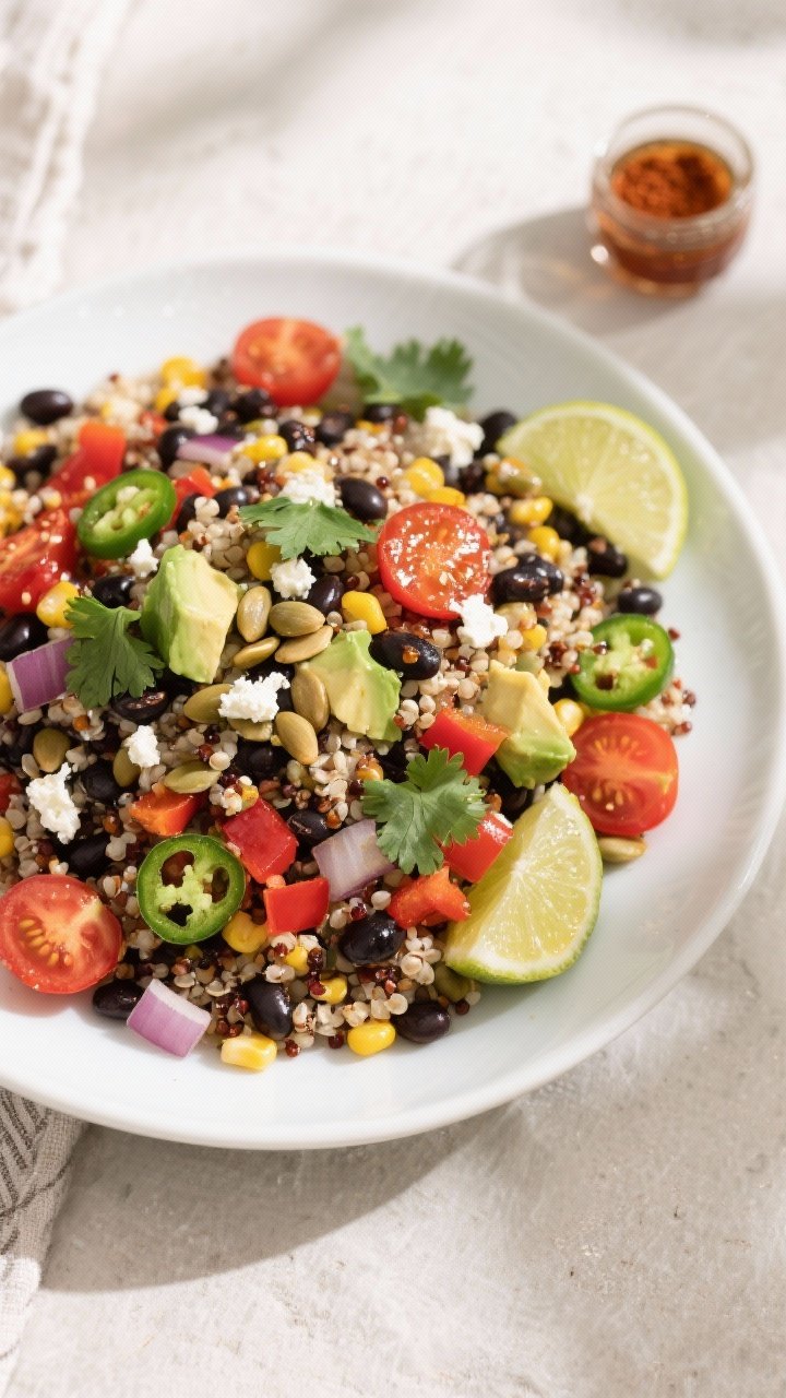 Overhead shot of the final Spicy Black Bean & Quinoa Salad in a wide, shallow white bowl: fluffy tri