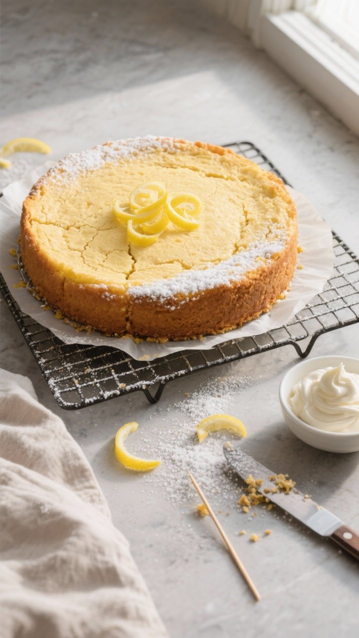 Overhead shot of the fully baked Keto Lemon Ricotta Cake cooling on a wire rack, golden top with a l