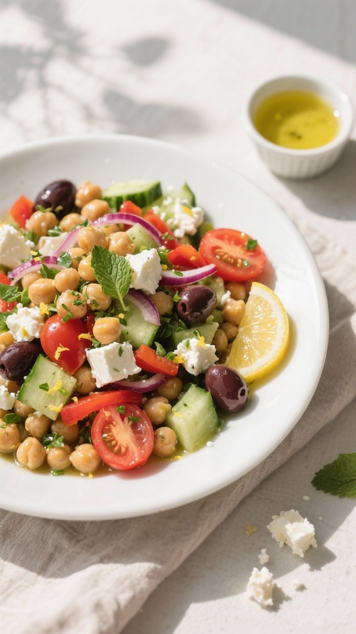 Overhead shot of the fully prepared Mediterranean Chickpea Salad in a wide, shallow white bowl: chic